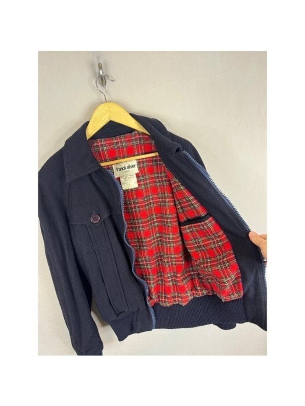 Franck Olivier Paris Vintage Navy Wool Bomber Jacket Plaid Lined Men S/M France